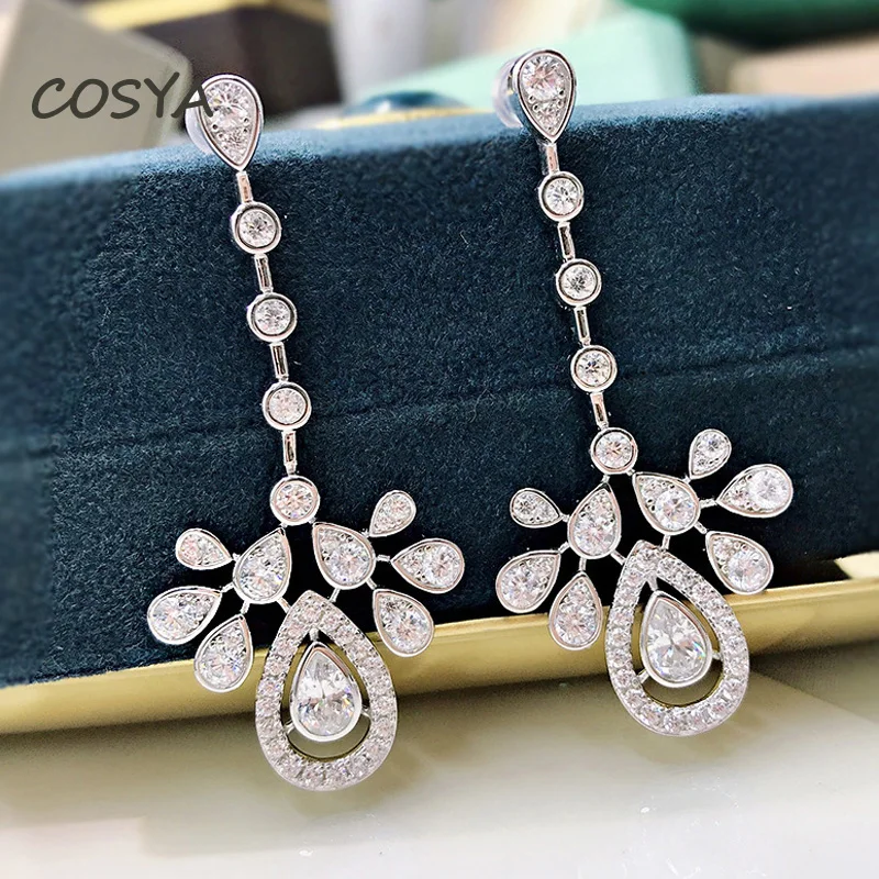 

COSYA 100% 925 Стерлинговое серебро белый корона кисточкой с высоким содержанием углерода с бриллиантами свадебные длинные Позолоченные каплеви...