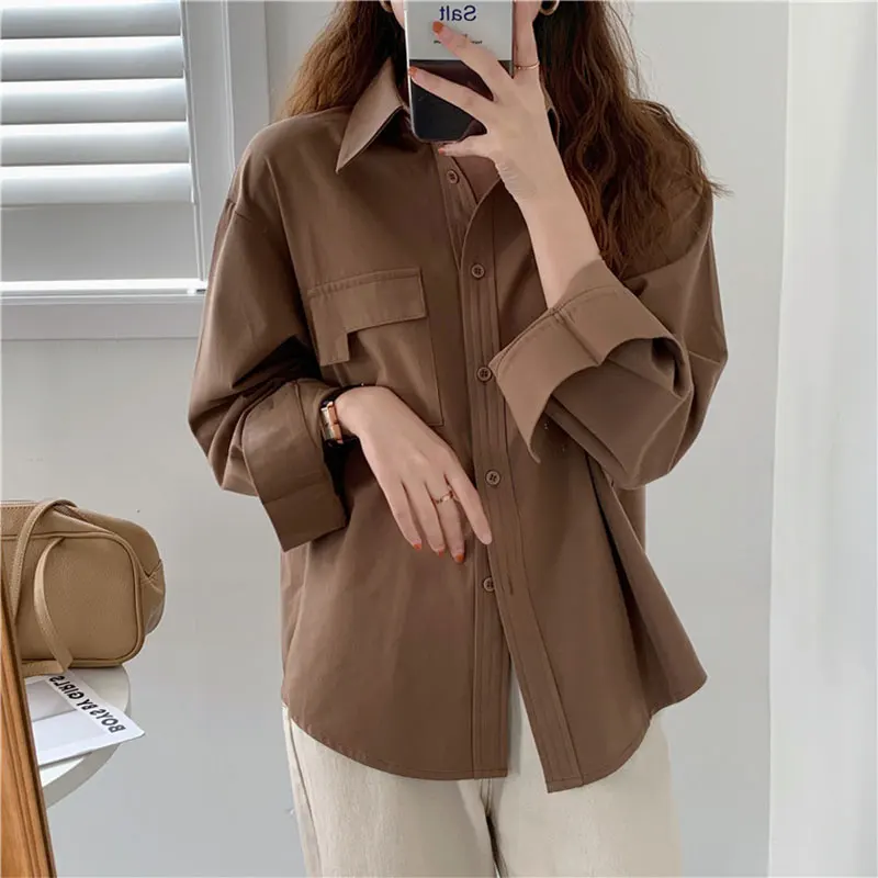 

Spring Autumn Korea Fashion Asymmetry Pocket Design Women White Shirts Top Quality Loose Casual Turn-down Collar Blouses V184