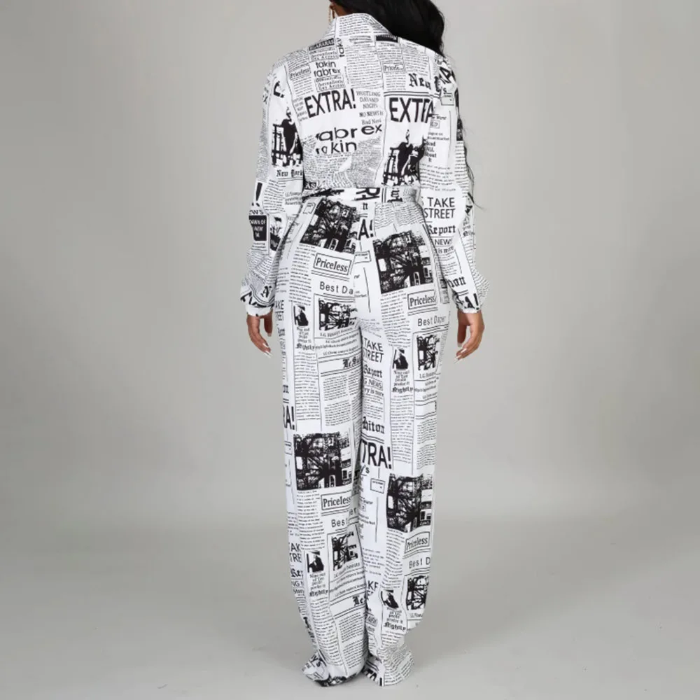 

Elegant V-Neck Jumpsuit Women 2020 Summer Fashion Newspaper Printed Long Jumpsuits Office Ladies Causal Party Club Rompers