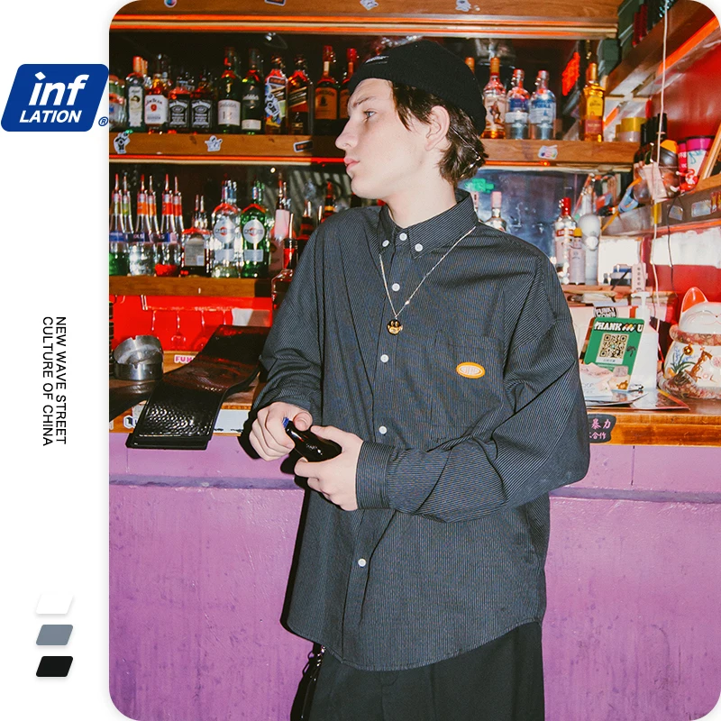 Мужская рубашка в полоску INFLATION черная Повседневная с длинным рукавом стиле