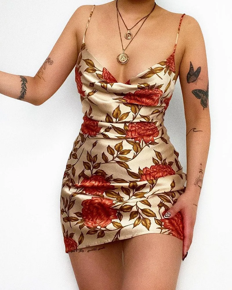 

Women's New Dresses Cowl Neck Floral Leaf Print Satin Dress Solid Color Slim Fashion Sexy Dress