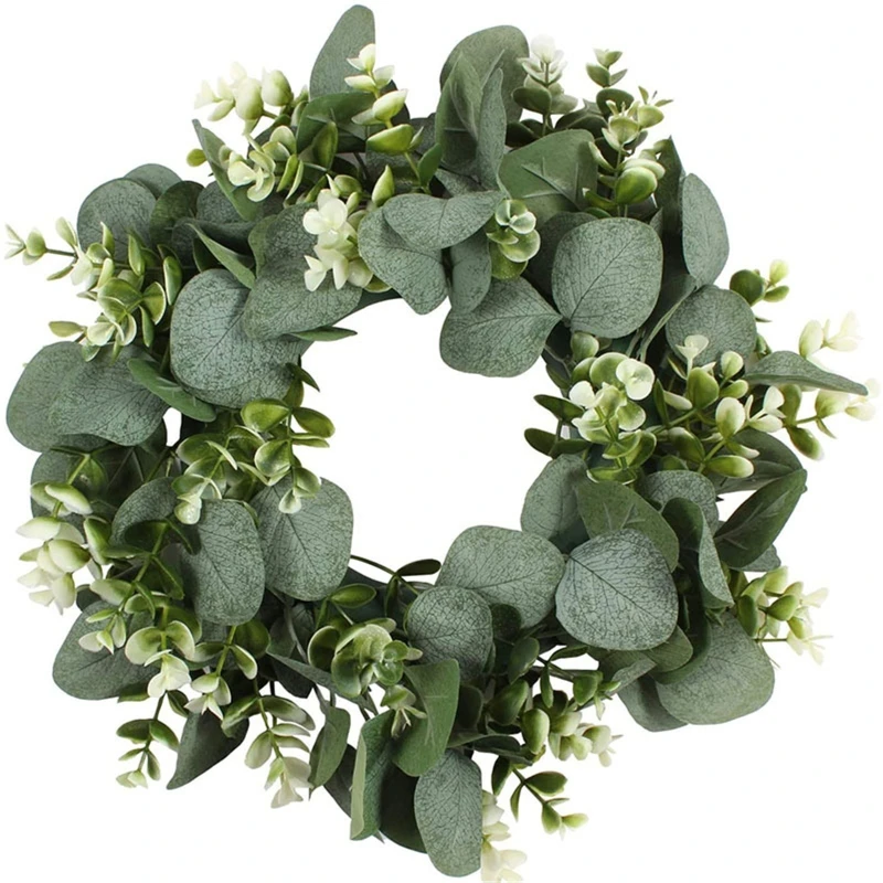 

Round Artificial Green Eucalyptus Door Wreaths with White Flower Simulation Wild Leaves Garland Wreath Versatile Front Door Deco