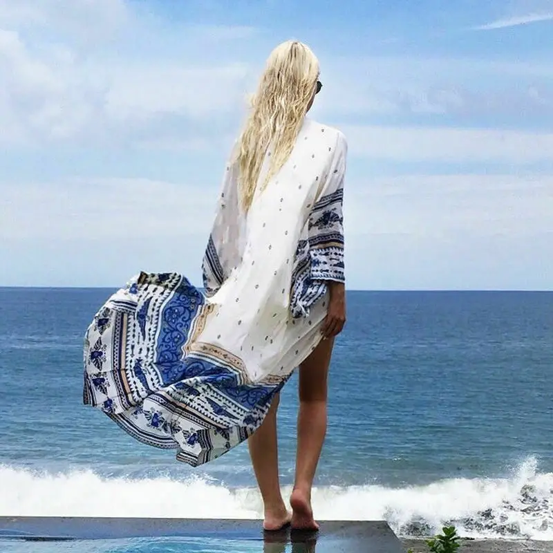 Женское длинное пляжное платье с винтажным принтом саронг летняя пляжная одежда