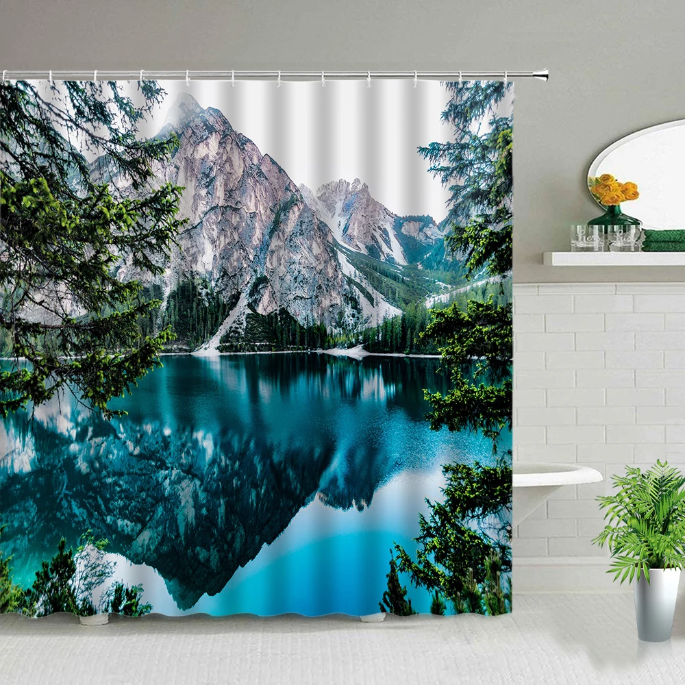 

Nature Scenery Shower Curtains Forest Tree Mountain Lake River Green Plant Landscape Waterproof Bathroom Decor Cloth Curtain Set