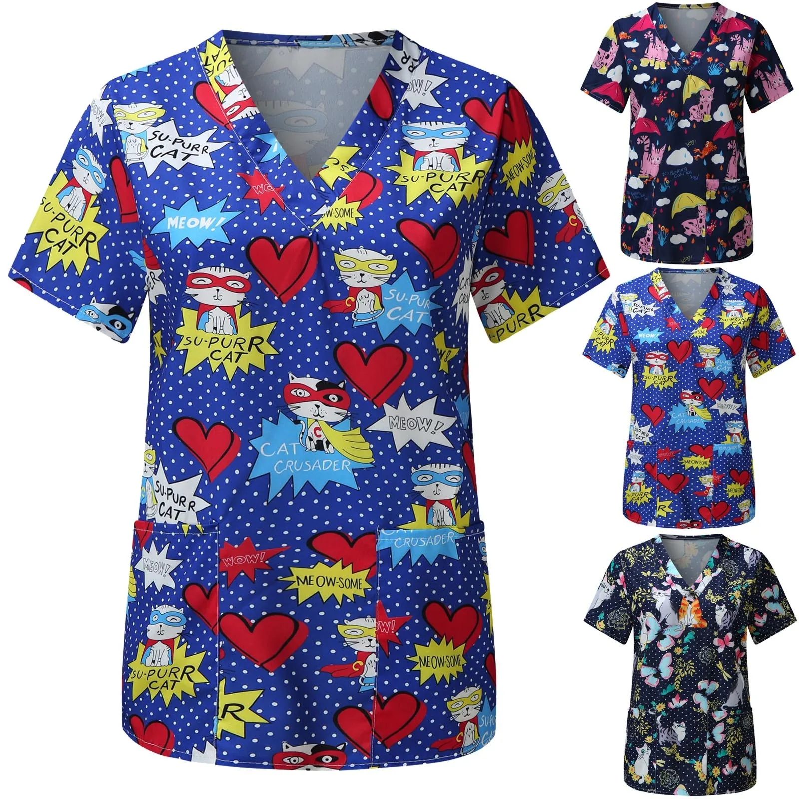 

Women Short Sleeve V-neck Carer Top Lovely Animals And Flowers Printing Daily Work Shirt Top With Buttons Neckline Carer T-Shirt