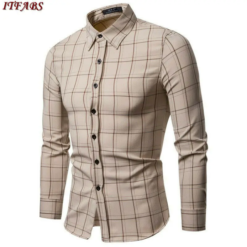 

New Fashion Men's Stylish Casual Shirt Slim Fit Shirt Long Sleeve Single Breasted Plaid Formal Tops