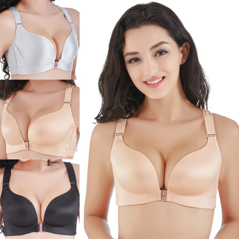 

Female Underwear Woman Sexy Beauty Back Large Size Steeless Ring Push Up Solid Color Front Buckle Seamless Bras Lingerie2020