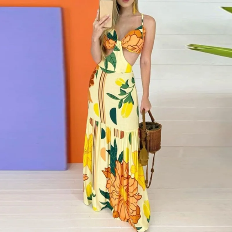 

Mandylandy Dress Summer Sexy V-neck Backless Spaghetti Strap Pleated Dress Women's Casual Printed Beach Hollow Out Slim Dress