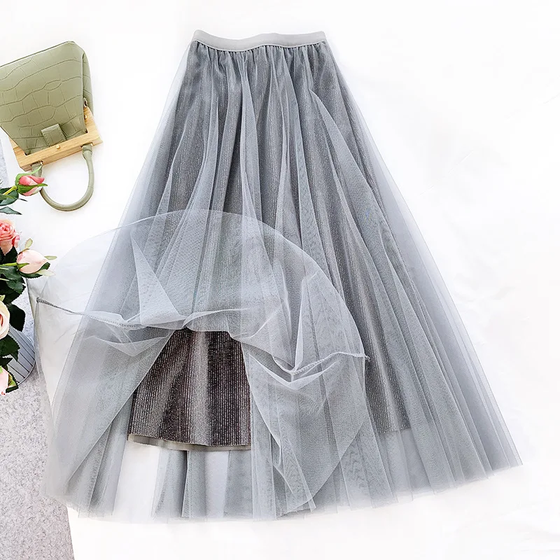 REALEFT New 2020 Spring Velvet Mesh A-Line Skirts Fashion Long Ladies High Waist Korean OL Style Ball Gown Female | Женская одежда