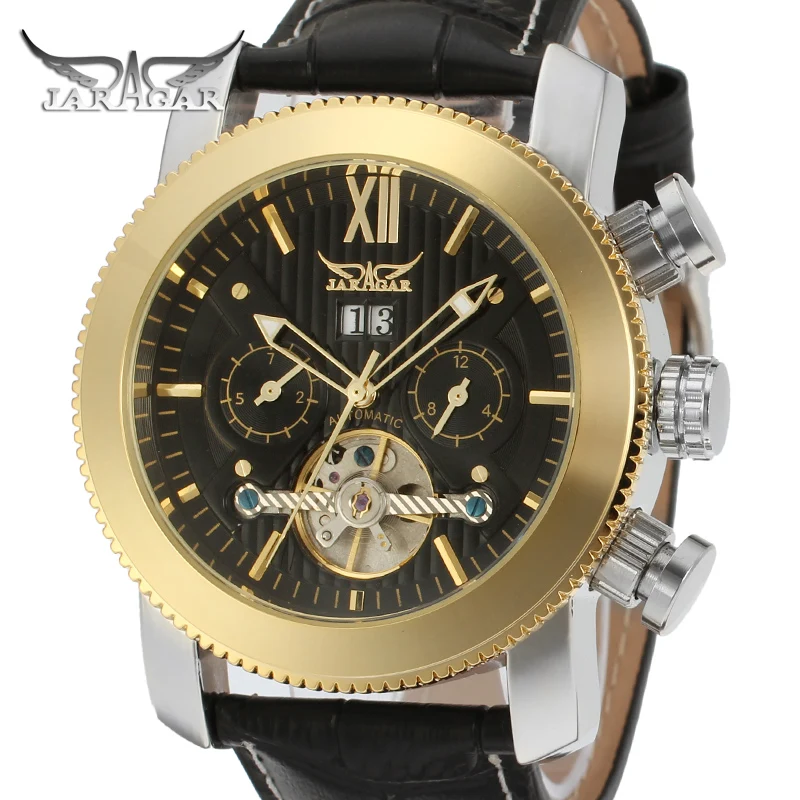 Механические часы Jaragar Tourbillion черные золотые календарь дисплей стимпанк с