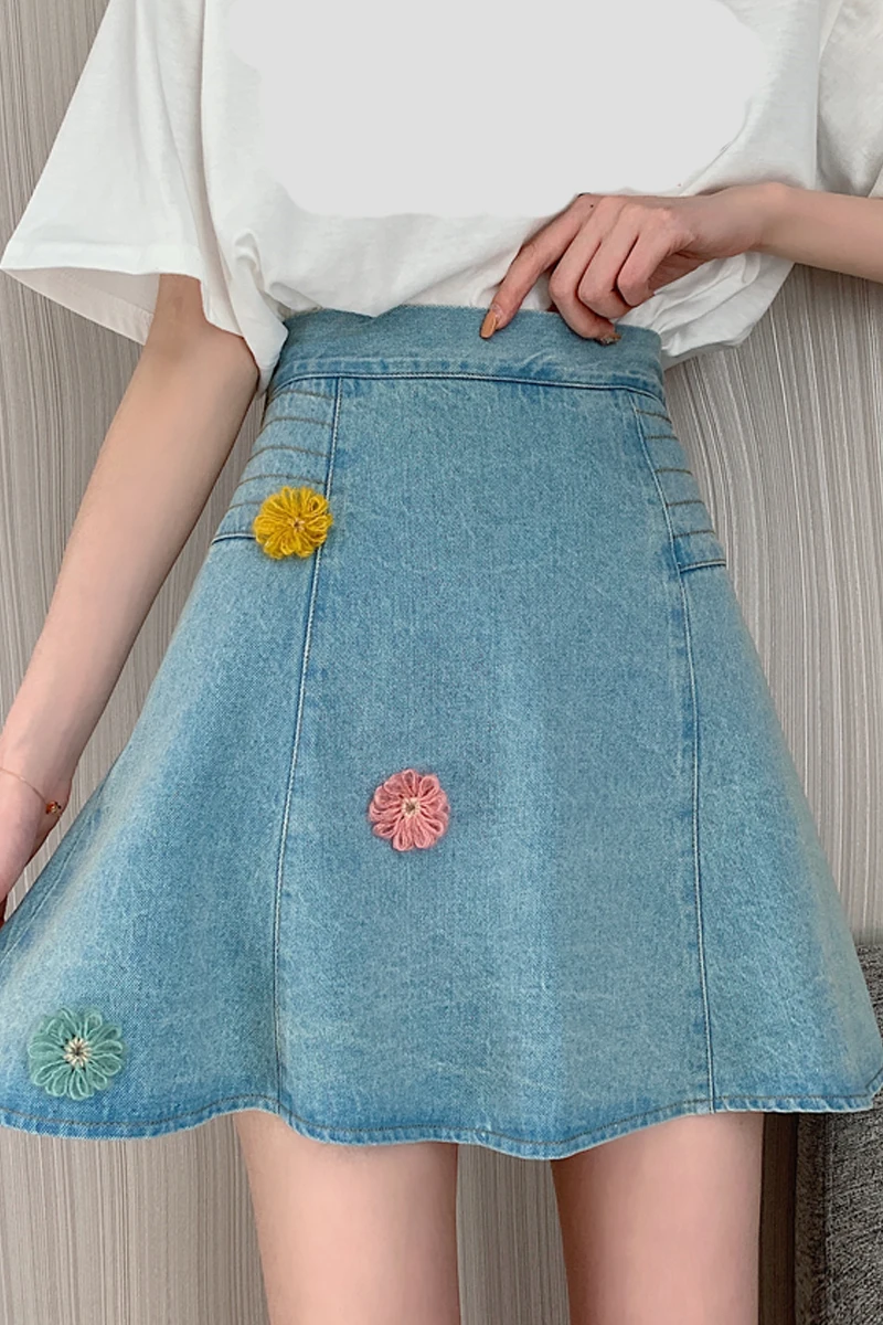 

Sannian Sweet Flower Denim Skirt Women Clothes Summer 2020 New Korean Retro High Waist A-line Skirts Long Skirt