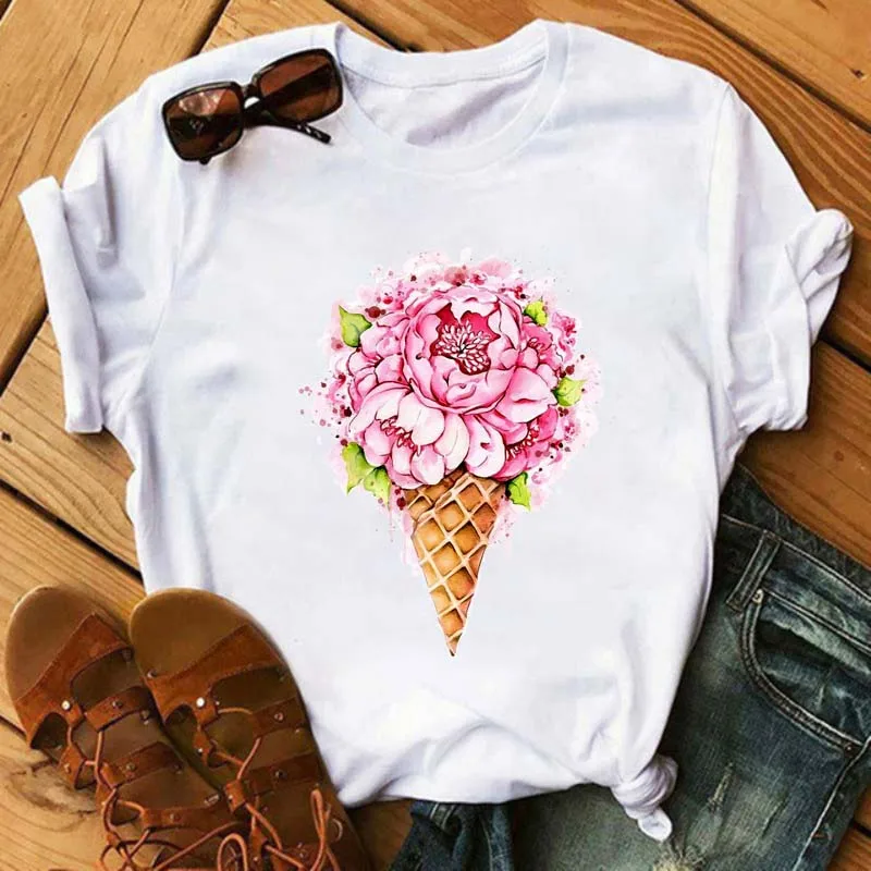 

Women Clothes Casual Floral Flower Print Short Sleeve Tshirt Graphic Printed Women Shirt Female T-shirt Top Korean T-shirt
