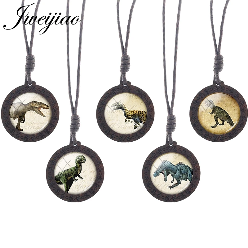 JWEIJIAO Dinosaur Tyrannosaurus Pattern Gothic Necklace Rope Chains Wooden Round Pendant Jewelry Boys Party Accessories NS297 01
