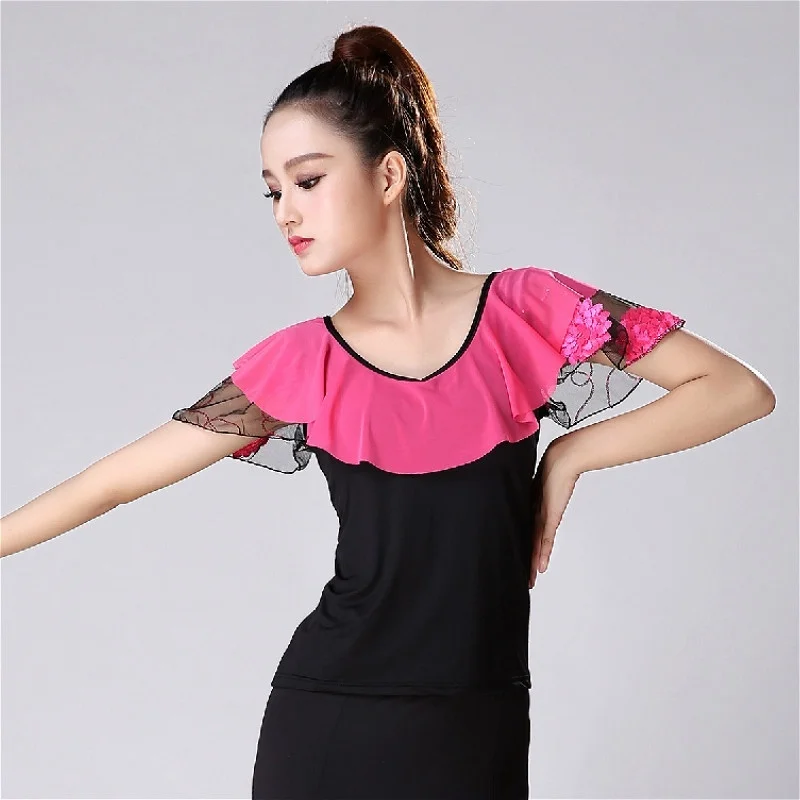 

Women Latin Dance Blouse T-shirt Top Ballroom Dancewear Salsa Tango Floral Ruffle Practice 904-B136