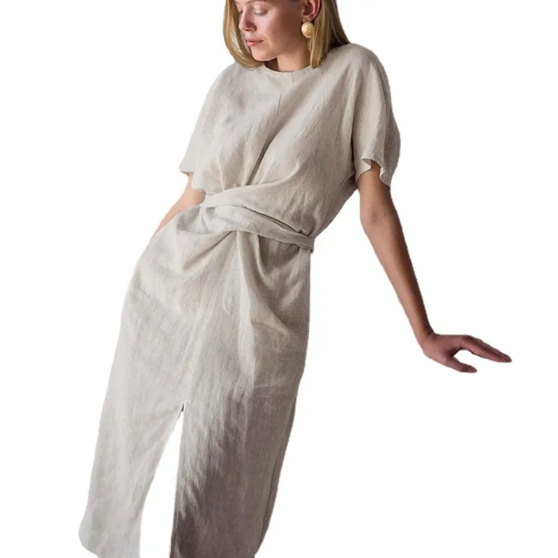 

DEAT 2021 New Spring And Summer Fashion Casual Square Neck Cotton Hemp Khaki Waist Straight Tube Mid Length Dress Women SL189