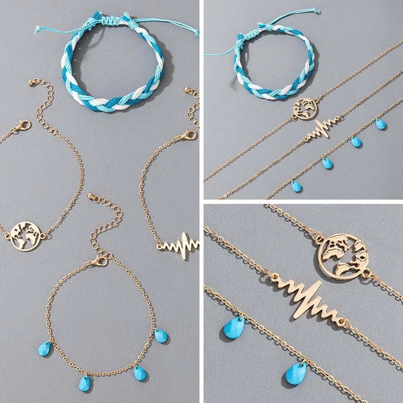 

2021 New Fashion Trendy Blue Map Turquoise ECG Compilation Anklet Summer Beach Anklet Women's Foot Jewelry Accessories 1PC