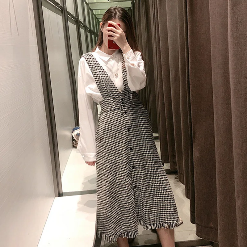 

2020 Long Plaid Skirt With Straps Women Button Vintage Skirts Oversize OL Ladies Elegant High Waist A-line Skirt Skirt Vestidos