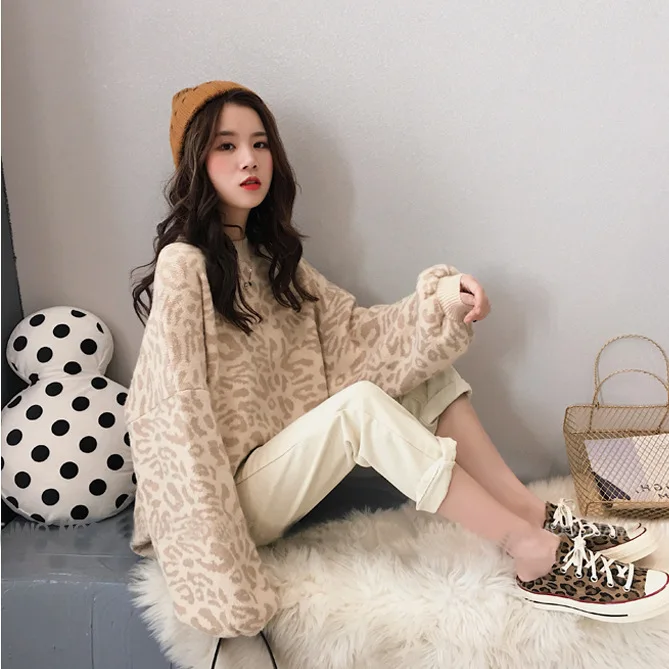 

JCHB 2021 Women's Sweaters Autumn Winter Knitted Sweater Leopard Pullover Women Long Sleeve Oversized Clothes Sueter Mujer Pph2