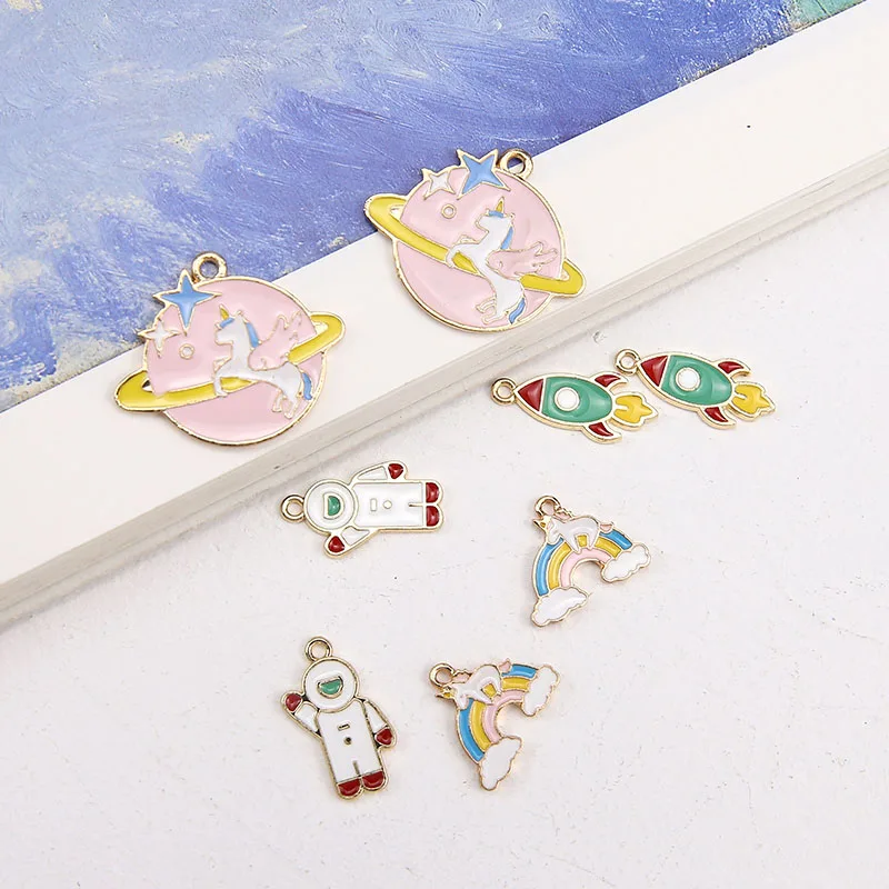 

10PCS Astronaut Rocket Enamel Charms Aerospace Rainbow Unicorn Gold Tone Pendants Necklace Bracelet Earrings Jewelry Accessory