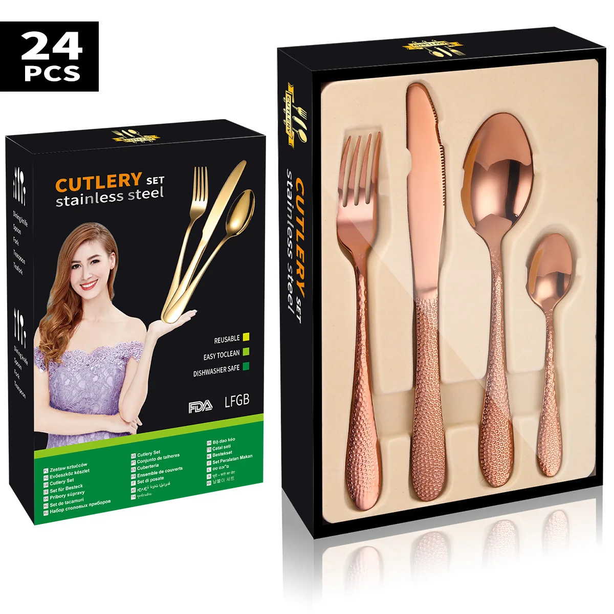 

Gold Cutlery Tableware Set Stainless Steel Dinner Sets 24-Piece Set Knife Fork Spoon Dinnerware Set Kitchen Device Sets Gift