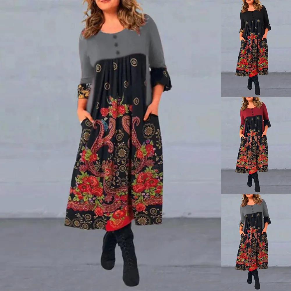 

Round Neck Women Dress With Pocket Floral Printed Button Patchwork Ladies Midi Dress Autumn Spring Long Sleeve Dress