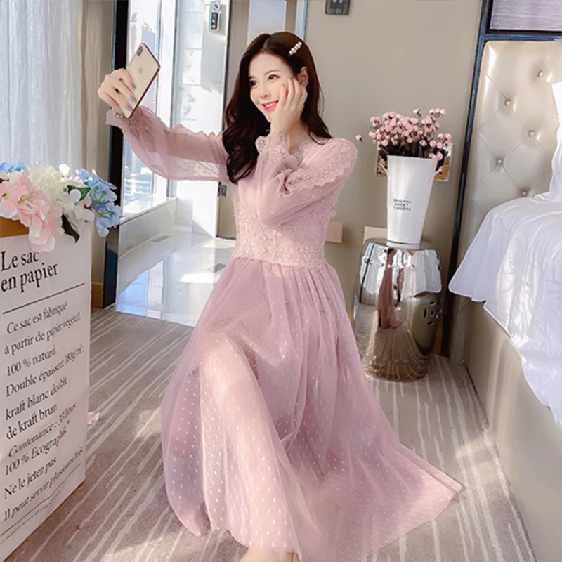 

Elegant Lace V-neck Dress Women Mesh Patchwork Long Sleeve Dress Women Dress 2019 Button Front Vintage Evening Dresses