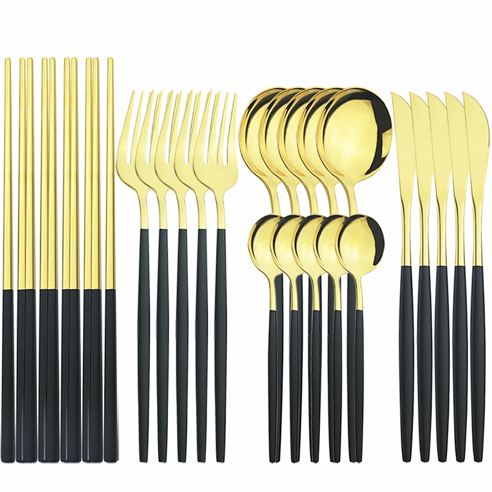 

Black Gold Dinner Knife Set Stainless Steel Silverware Table Cutlery Kitchen Sets Spoons Forks Dinnerware Flatware Dropshipping