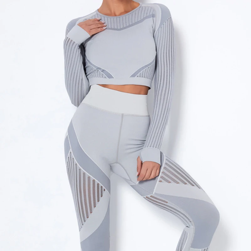 

2Pcs Yoga Set Seamless Fitness Crop Top Women Gym Clothing Long Sleeve Tights High Waist Pants Workout Sportwear Running Suit
