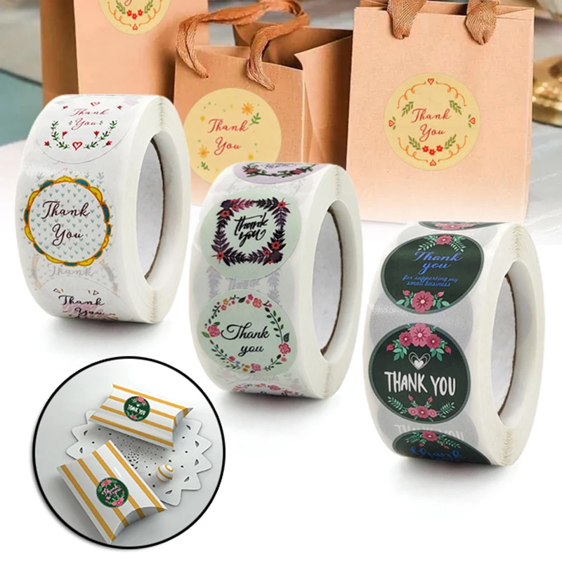 

Цветочные стикеры Thank You в рулоне, 500 шт., круглые Стикеры для свадьбы, дня рождения, вечеринки, сувениры, фотография