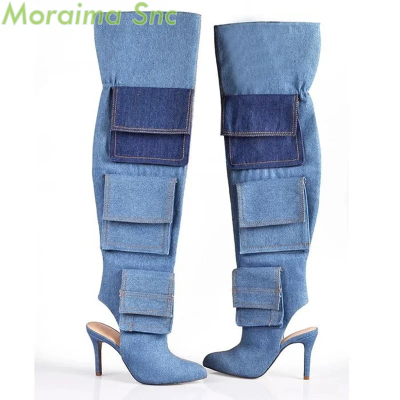 Женские джинсовые сапоги Moraima длинные выше колена на молнии с круглым носком и