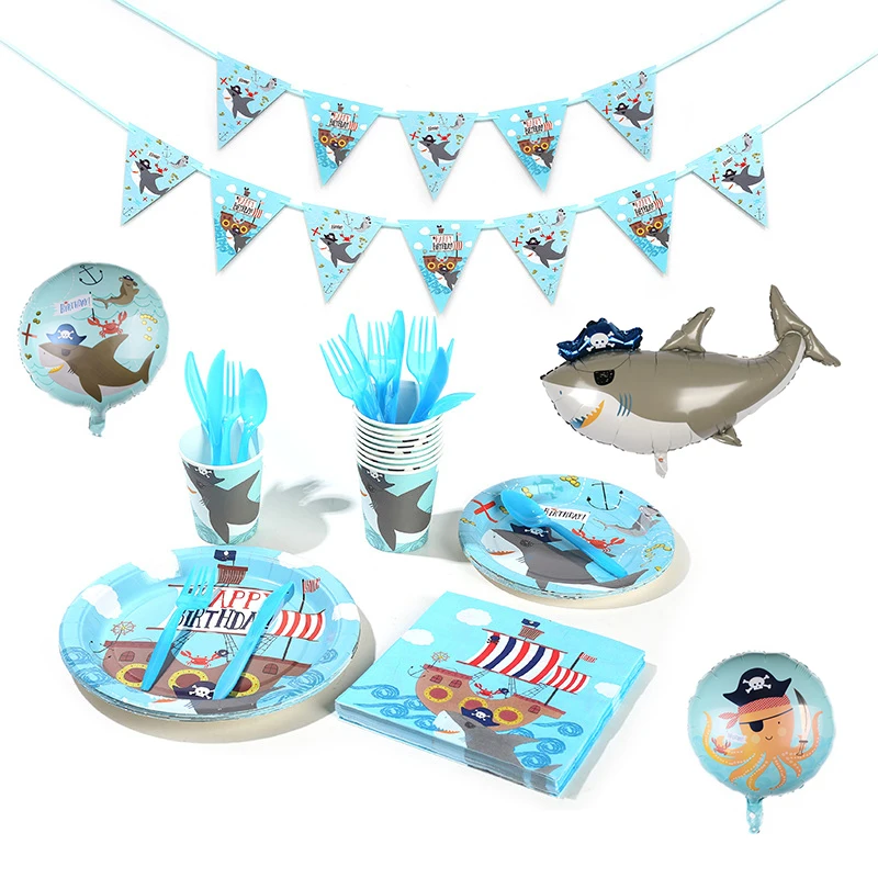 

Pirate Shark Theme Party Decoration Disposable Tableware Paper Cup Plate Napkin Banners Baby Shower Kids Birthday Party Supplies