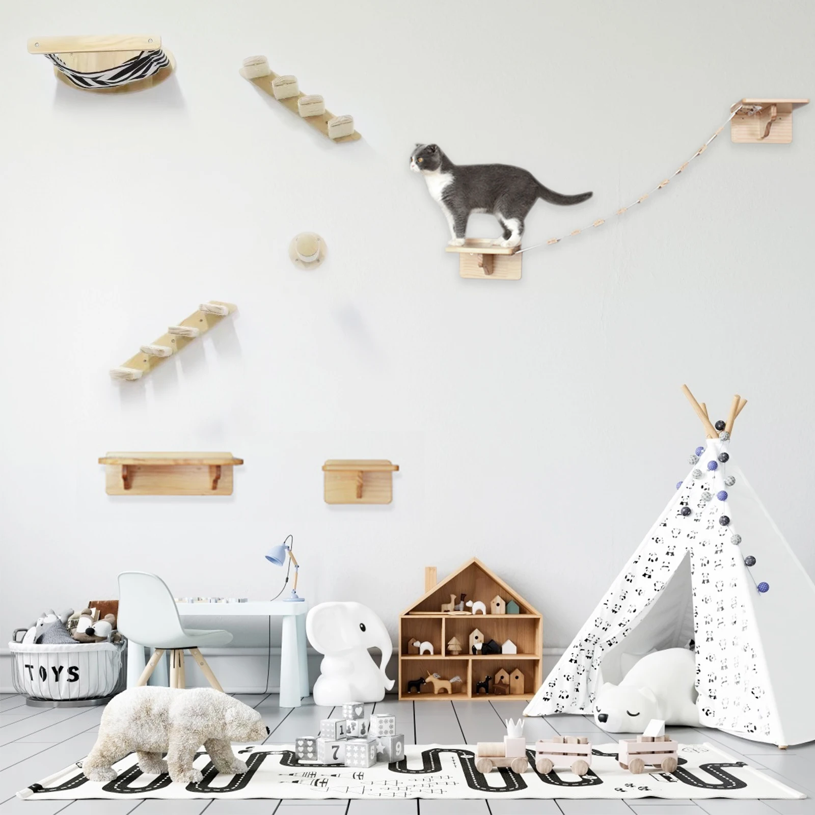 

Wall-Mounted Cat Climbing Ladder Wood Stairs Pet Furniture Kitten Wall Shelf Set Cat Perch Wooden Scratching Climbing Cat Tree
