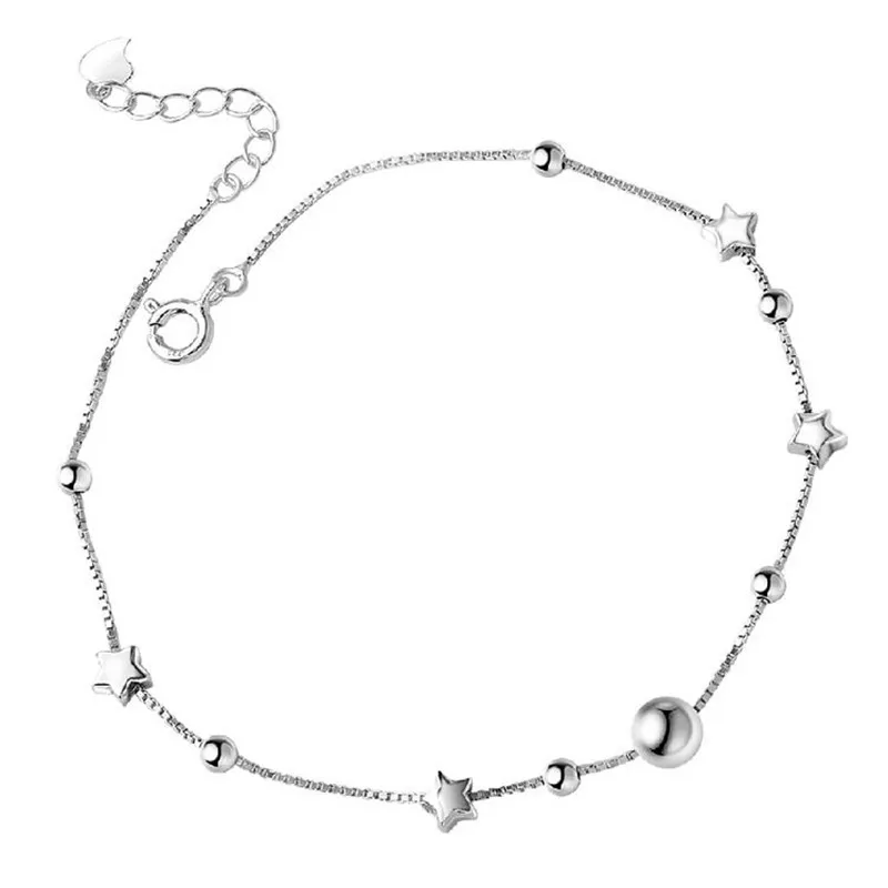 925 Sterling Silver 925 пробы Серебряный ножной браслет для женщин богемный бисер и звезда ноги ювелирные изделия Летний пляж босиком ножной браслет цепочка - Цвет: 925 Sterling Silver