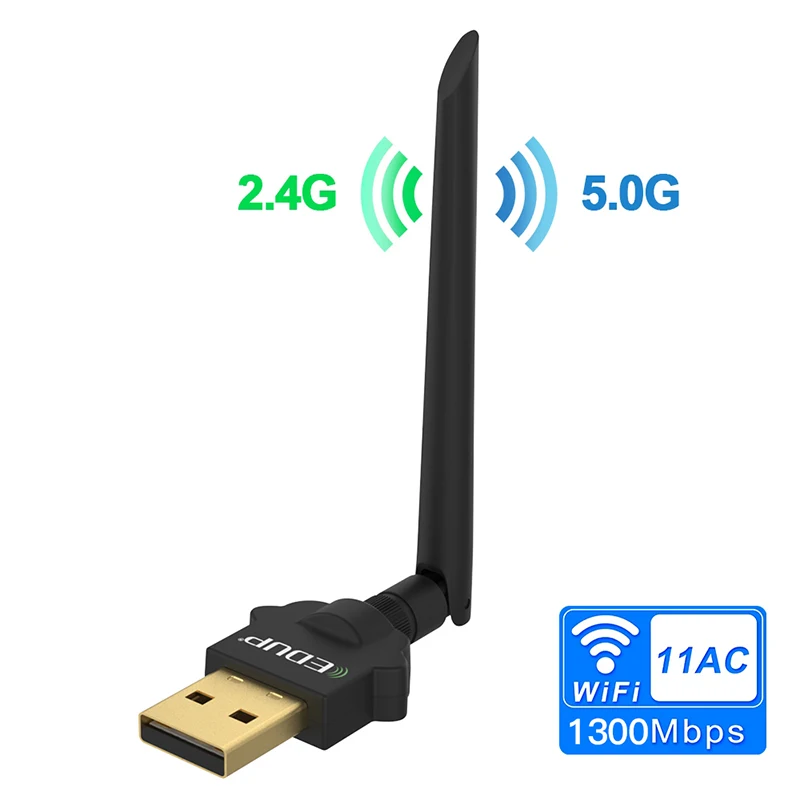 

EDUP 2.4/5GHz 1300Mbps USB Wireless WiFi Adapter Dual Band WiFi Receiver 802.11AC Wi-Fi Dongle Network Card 2dBi Antenna for PC