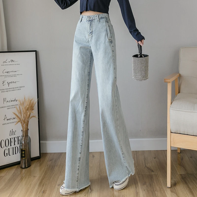 

#2257 Spring Autumn Flared Wide Leg Jeans Women Korean Style Blue Denim Jeans Women Loose High Waisted Womans Jeans Full Length