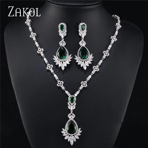Green Set ZAKOL высокое качество большая капля синий кубический цирконий лист серьги ожерелье набор украшений для женщин свадебное вечернее платье FSSP2014 - Окраска металла: Green Set