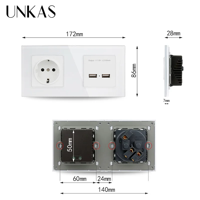 UNKAS ЕС электрическая розетка с зарядное устройство для автомобиля двумя портами