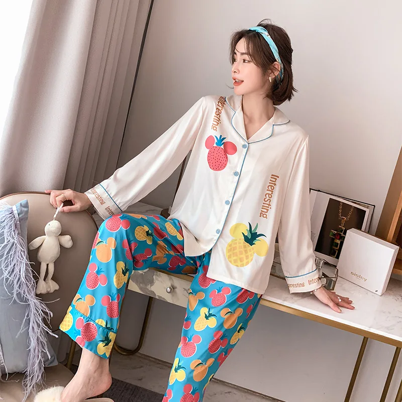 

Women Ice Silk Pajamas, Long-sleeved Trousers, Two-piece Fruit Printed Thin Home Clothes Bath Clothes Loungewear Sexy Nightwear