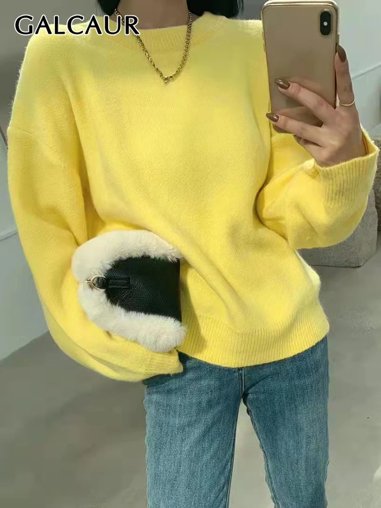 

GALCAUR Casual Temperament Slim Solid Sweater For Women Round Neck Long Sleeve Casual Pullover Female Clothing 2021 Autumn Style