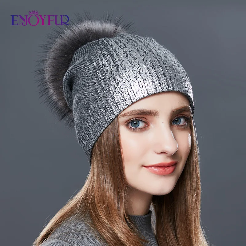 Enjoyfur Краски двойной Слои вязаная зимняя Шапки Для женщин мода кашемир Мех Pom Hat