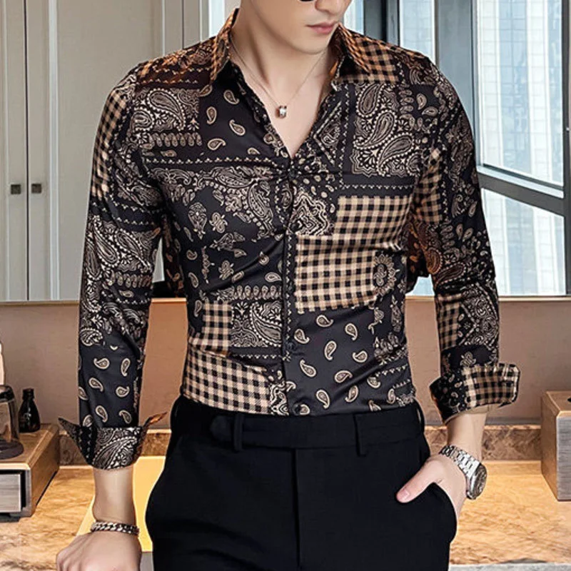 

Paisley Designer Shirt Smoking Masculino Dress Shirts 2021 Spring New Fashion Black Gold Baroque Flower Men's Long Sleeve Shirt