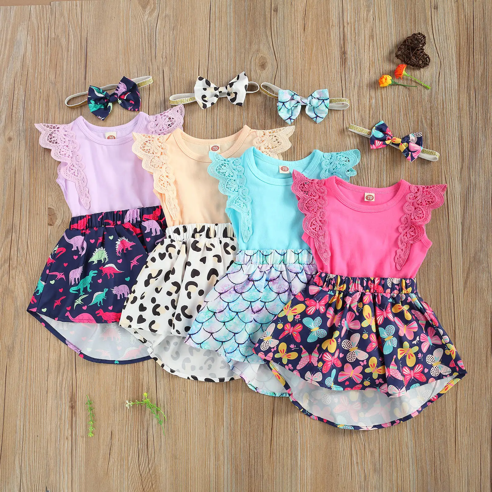 

Baby Girls Two-piece Clothes Set, Printed Pattern Sleeveless Round Collar Dress + Headdress, Pink/ Rosy