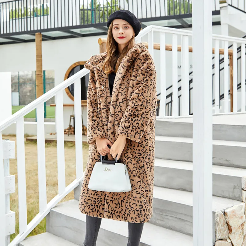 leopard Зимние пальто с капюшоном из искусственного меха пальто с мехом Дамская Мода с леопардовым принтом длинная куртка C мехом свободные длинные пальто Женская Толстая тёплая обувь Повседневное плюшевые пальто - Цвет: leopard