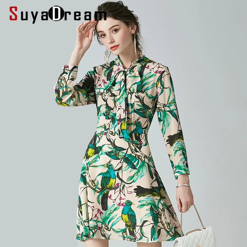 SuyaDream женское мини платье с цветочным принтом 100% шелк пляжный стиль длинные