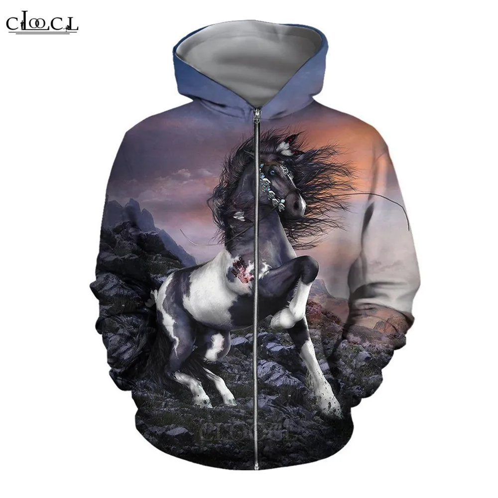 

CLOOCL Horse Series Men Zipper Hoodie Animals 3D Print Men Clothing Women Casual Pockets Tops Long Sleeve Streetwear S-5XL