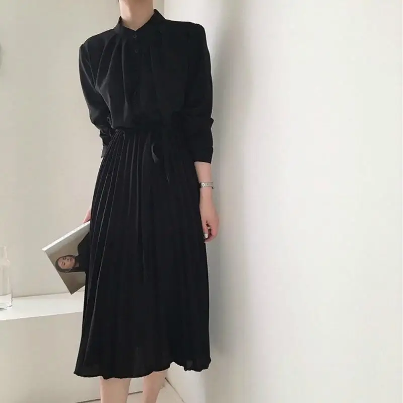 

Long Sleeve Office Shirt Pleated Elegant Dress Women Vintage Ladies Dresses Korean Casual Woman Chiffon Dress Robe Femme 2020