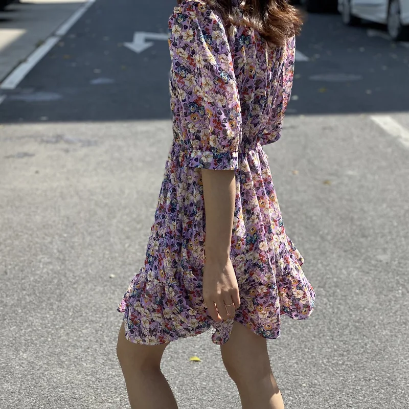 

Cute Ruffles Floral Dress Women 2020 Summer New Flower Printing Short Sleeve Chiffon Dress Floral Vestidos