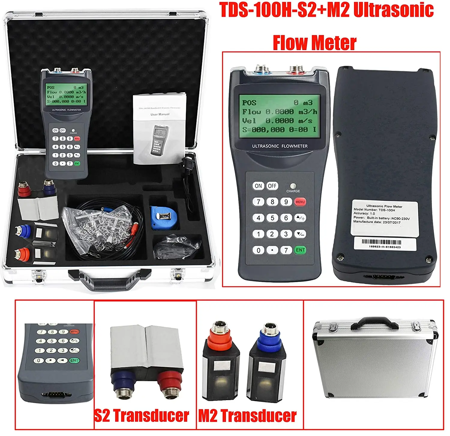 TDS 100H S2 + M2 ручной ультразвуковой расходомер Расходомер зажим на датчике 2 пары