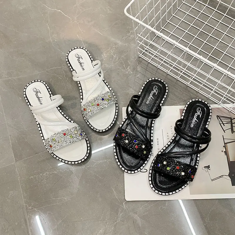 Горный хрусталь сандалии на плоской подошве женские с Т образным ремешком черные