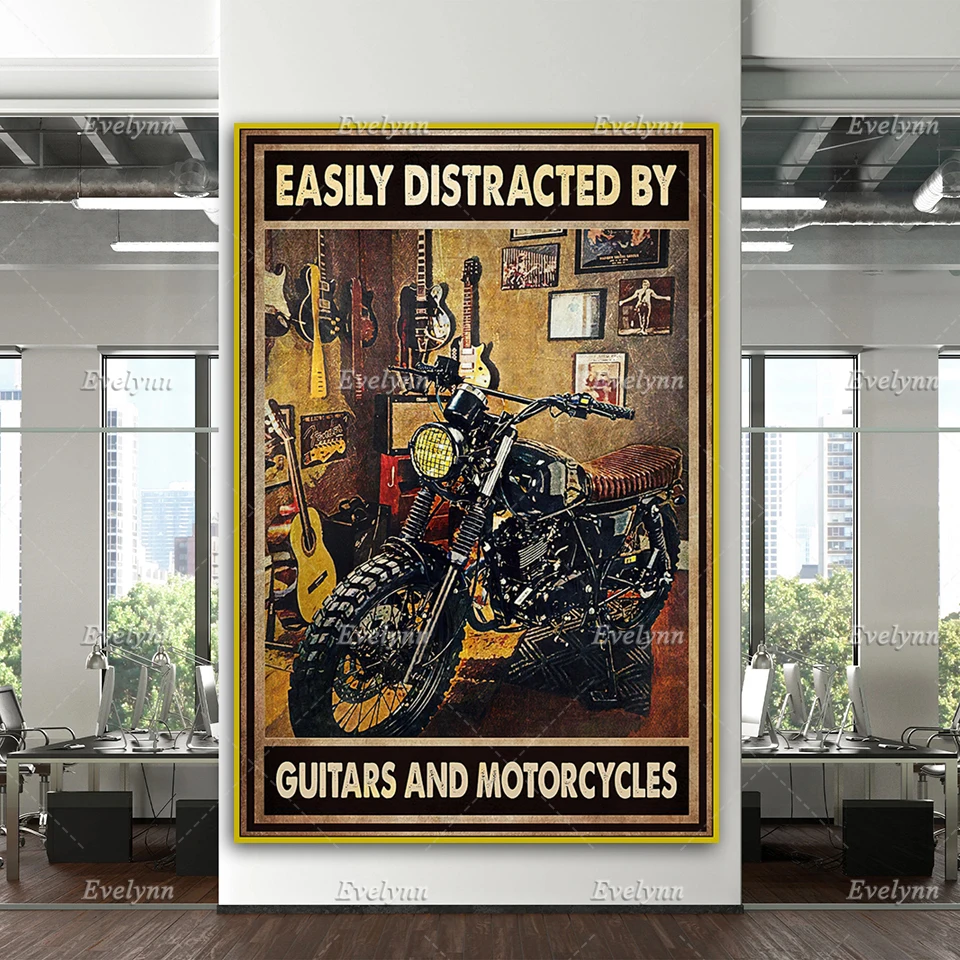 

Легко отвлекается на гитары и мотоциклы, Ретро плакат, домашний декор, холст, настенные художественные принты, подарок на мотоцикл, гитары, п...